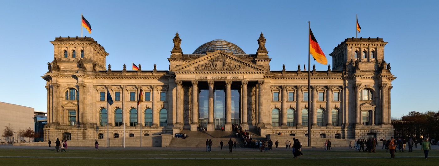 The Reichstag building in Berlin, seat of the German Bundestag, seen from the west.